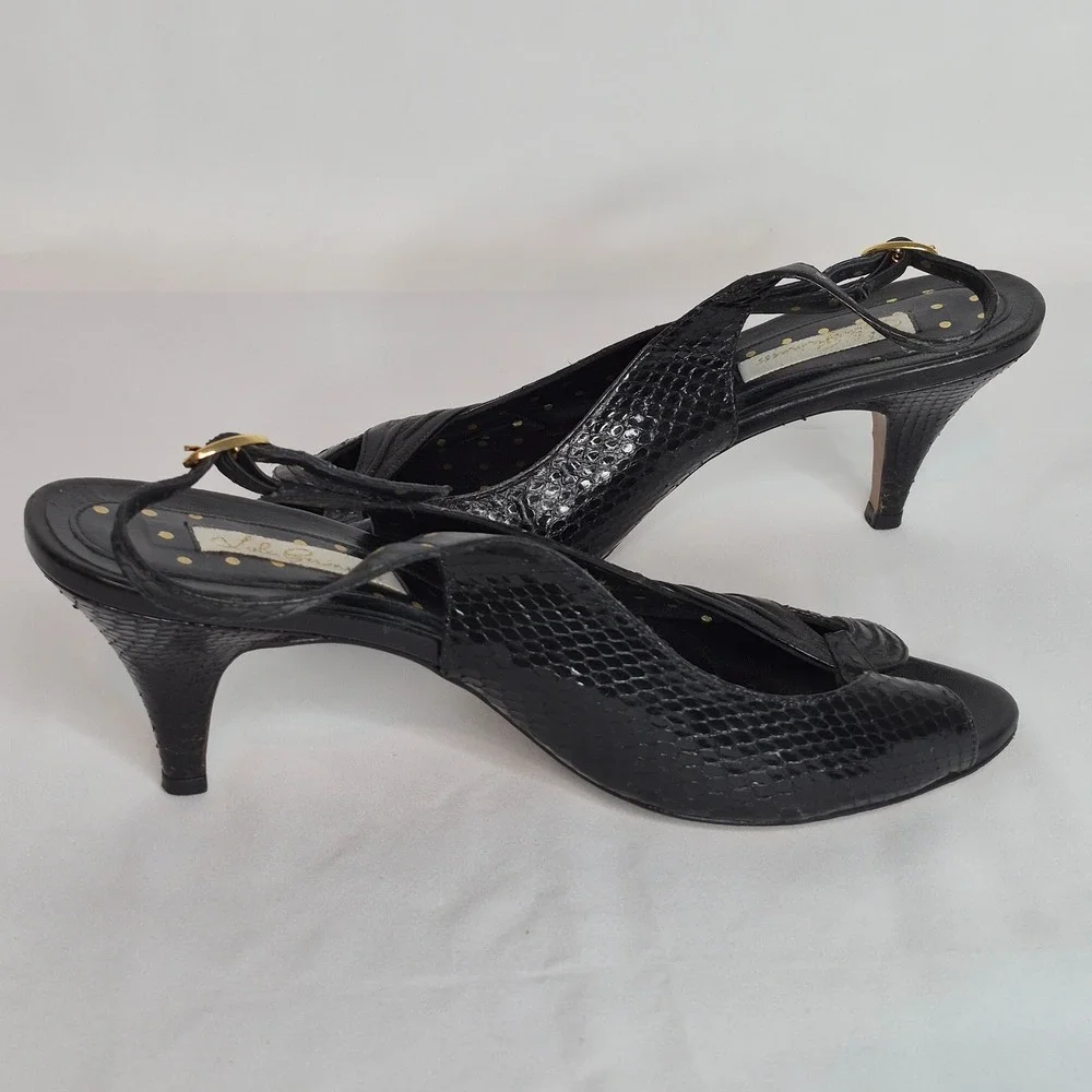 Lulu Guinness Black Snakeskin Leather Slingback Peep Toe Kitten Heels Spain 39